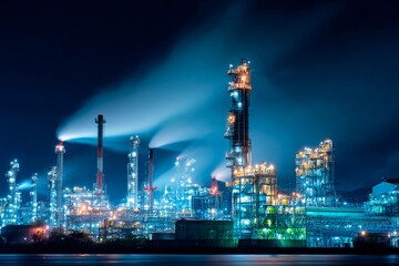 In a sprawling industrial complex at night, tall structures illuminate the scene with bright lights. Smoke rises from smokestacks, creating a colorful urban landscape