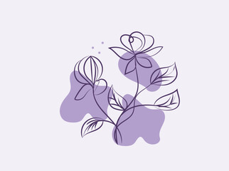 Elegant Line Art Floral Design with Purple Abstract Shapes and Stars