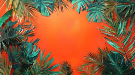 Tropical leaves framing vibrant orange background overhead shot nature backdrop botanical design element