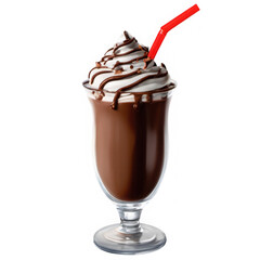 Chocolate milkshake in glass with straw on transparent background  