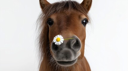 Brown pony with daisy on nose expressing whimsy against white background