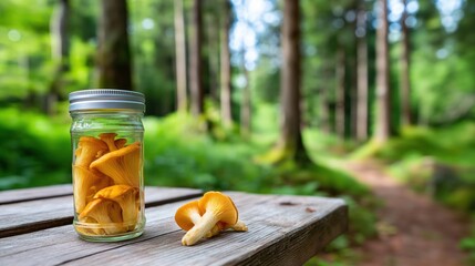 Freshly harvested chanterelle mushrooms in jar on wooden table in forest