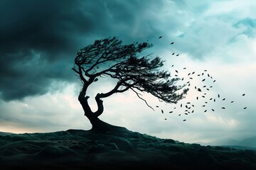 A solitary tree stands against a stormy sky, its branches swaying in the wind as leaves scatter in flight, capturing a moment of nature's resilience.