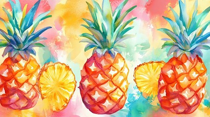 Watercolor illustration of three whole pineapples and two pineapple slices against bright abstract wash of pink, yellow and blue. Concept of freshness, summer drinks or artistic food presentation