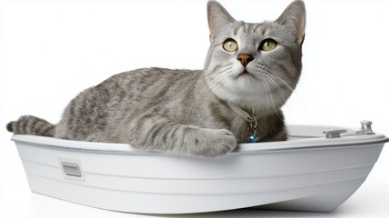 Gray tabby cat relaxing in a small white boat against white background