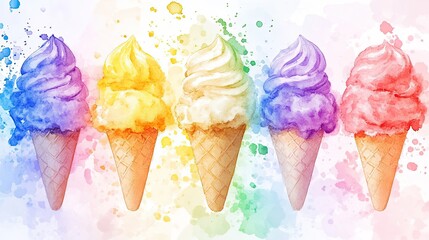 Watercolor illustration of five colorful ice cream cones in row with paint splashes on soft pastel background. Ideal for themes related to summer treats, desserts or artistic food depiction