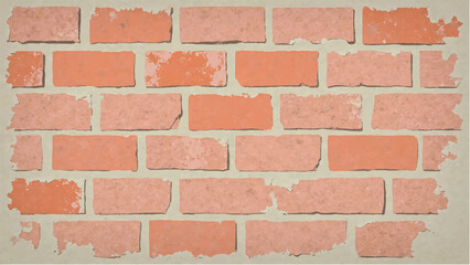 Illustration of a Classic Red Brick Wall with Weathered Edges and Faded Plaster Background.  Brick wall background. 