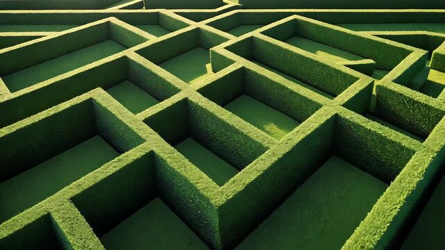 Top view of a neatly trimmed green hedge maze with sharp geometric paths and vibrant sunlight casting shadows on manicured grassy walls

