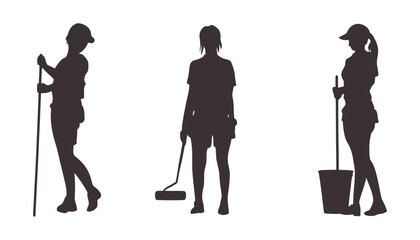 Three female worker silhouettes cleaning using various tools against a transparent background ideal for cleaning service logos or designs