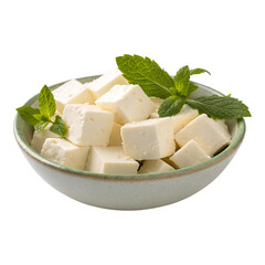 Cubed feta cheese with fresh mint leaves in a bowl healthy ingredient for salads and Mediterranean cuisine isolated on transparent background