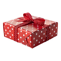 Red polka dot gift box with ribbon festive present for holidays and celebrations isolated on transparent background