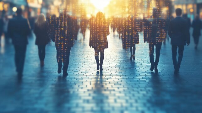 People walking in a city street during sunset with digital data overlay and warm light illuminating the scene