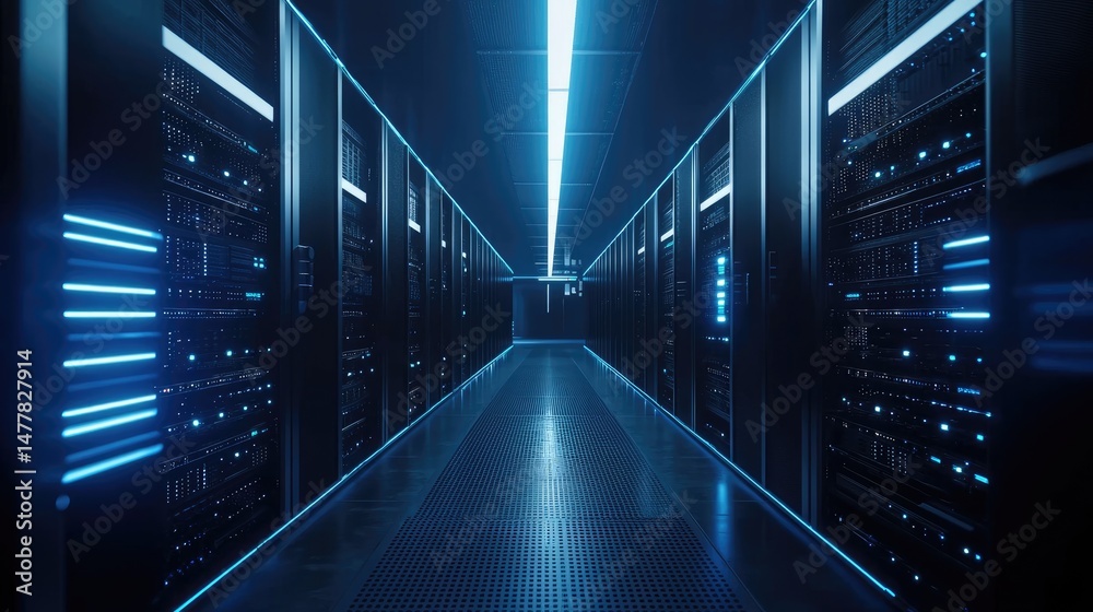 Poster modern corridor lined with advanced servers lit in vibrant blue showcases digital infrastructure exc