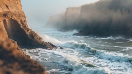 Obraz premium Scenic Cliffs and Crashing Waves in Foggy Weather. Rocky coastline view with ocean surf.