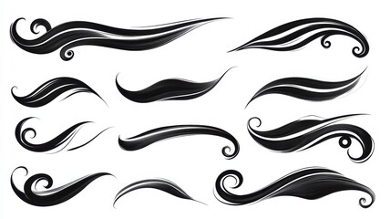 Fototapeta premium Swoosh tails. Swirl sport typography element, isolated curly text pennants. Black retro calligraphy strokes or ornament designs vector set illustration , no logos, no brands