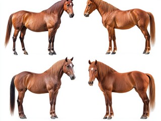 Obraz premium Four chestnut horses standing in studio light against a white background showcasing equine beauty and grace in a symmetrical arrangement