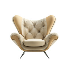 Elegant cream and beige upholstered armchair with button tufting, wingback design, and sleek metal legs, offering comfort and style. 