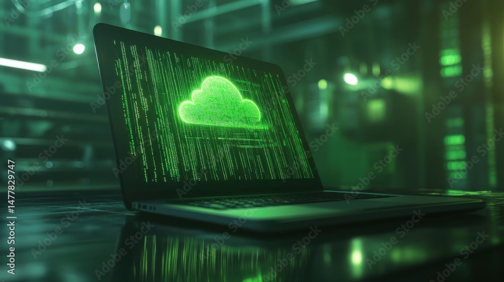 Poster a laptop displays a glowing green cloud icon and lines of code, representing cloud computing, softwa
