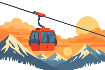A red ski cabin lift suspended in the air on a cableway set against a backdrop of snow-capped winter mountains and a sunrise or sunset, serves skiers and snowboarders, as depicted in a vector flat