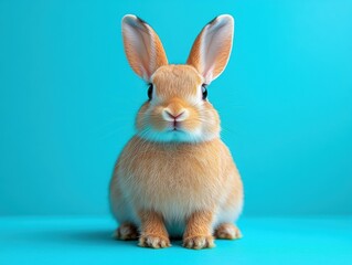 Obraz premium Cute orange rabbit sitting on a vibrant blue background, showcasing its fluffy fur