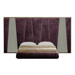 A bed with a purple headboard and a white pillow