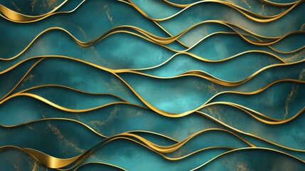 Turquoise abstract background with golden wavy pattern. Art deco ornament vector illustration illustration , no logos, no brands