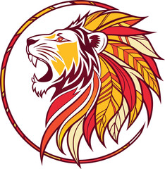 Stylized Roaring Lion Head with Colorful Feather Mane – Intricate Vector Art for Branding, Tattoos, and Design