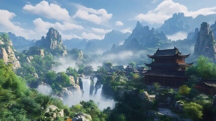 Vibrant Landscape of Verdant Mountains Waterfall and Traditional Architecture Under Clear Sky with Distant Peaks