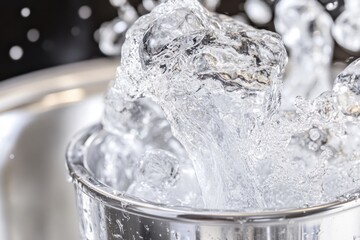 Water pouring into glass in kitchen sink close up macro shot of liquid refreshment clean drinking supply