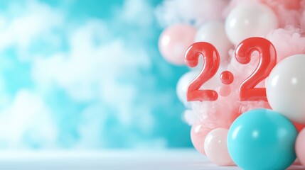 Glossy red numerals and pastel spheres abstract composition
