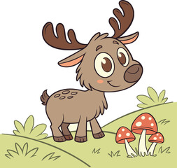 Cheerful Cartoon Deer in Green Meadow – Adorable Forest Illustration with Mushrooms and Playful Wildlife Theme, Perfect for Child-Friendly Art