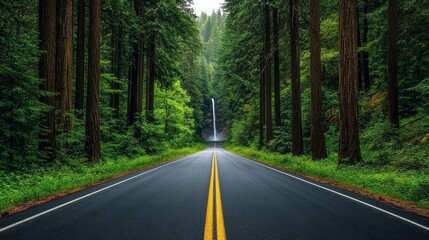 Fototapeta premium Scenic drive through tall trees remote country road gigapixel image lush green landscape tranquil viewpoint