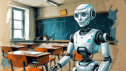 Robot Teacher in Classroom. Hand drawn style digital artwork. Classroom with desks and chalkboard, blue light elements on robot