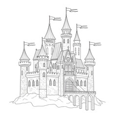 Obraz premium A4 size castle drawing page Detailed castle illustration in black and white for coloring, isolated on white—perfect for fairytale-themed worksheets, printables, or children’s activity books.