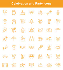 Fototapeta premium Celebration Icons Collection Balloons, Cake, Champagne, Disco Ball, and Party Decorations Outlines