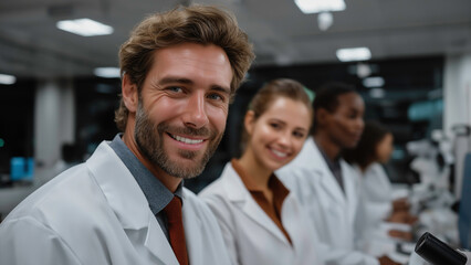 A diverse team of scientists collaborates in a high-tech lab highlighting teamwork and innovation in research.