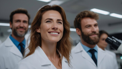 A team of scientists celebrates success and shares a moment of joy and achievement in their state-of-the-art laboratory symbolizing teamwork.