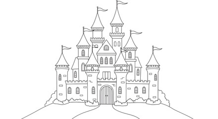 Fototapeta premium A4 size castle drawing page Detailed castle illustration in black and white for coloring, isolated on white—perfect for fairytale-themed worksheets, printables, or children’s activity books.