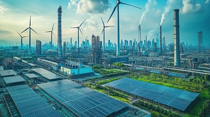 Workers install solar panels on commercial building; wind turbines spin in green cityscape.