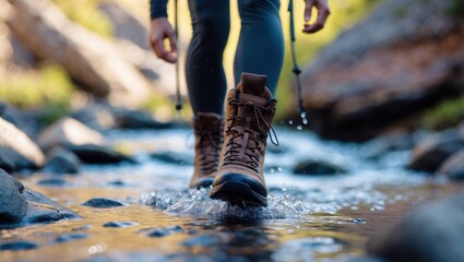 Hiker crossing stream with boots. water splashes around. outdoor adventure