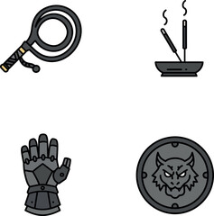 Medieval whip, incense sticks, armored gauntlet, wolf emblem shield vector icons set 