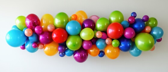 Colorful Balloon Garland Decoration Against White Wall Background for Party Celebration Event Display Horizontal Close Up