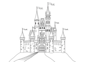 Fototapeta premium A4 size castle drawing page Detailed castle illustration in black and white for coloring, isolated on white—perfect for fairytale-themed worksheets, printables, or children’s activity books.