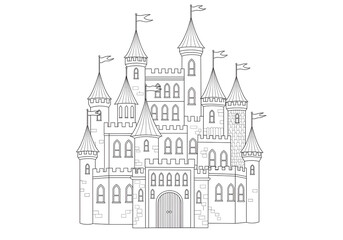 A4 size castle drawing page Detailed castle illustration in black and white for coloring, isolated on white—perfect for fairytale-themed worksheets, printables, or children’s activity books.