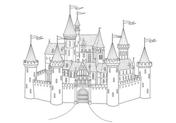 A4 size castle drawing page Detailed castle illustration in black and white for coloring, isolated on white—perfect for fairytale-themed worksheets, printables, or children’s activity books.