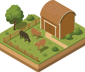 Isometric cattle farm with barn and fence