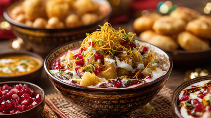 Papdi Chaat with Potatoes, Chickpeas, Curd, and Sev, Garnished with Pomegranate Seeds