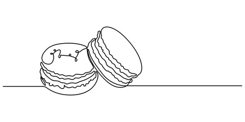 Macaroons cookie biscuit line continuous drawing. One line illustration. Hand drawn linear silhouette of macaroons, Macaron cookie one continuous line design. Restaurant food menu design concept. 