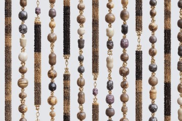 Close-up of intricately designed beaded necklaces with varied textures and earth tones.