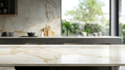 Marble table with empty space, blurred kitchen background for product display and online advertising.